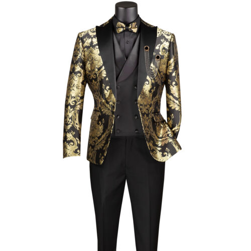 VINCI Men's Black & Gold Jacquard 3pc Modern Tuxedo w/ Bow-Tie - NEW - Picture 4 of 4