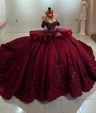 Wine Red Ball Gown Quinceanera Dress Sparkly Bead Crystals 3D Floral Appliques