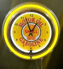 Shell Gas Motor Oil Sign 15" Yellow Double Neon Clock Chrome Finish Gasoline