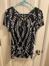 AGB L Top Black White Stretch Blouse Large Shirt Lg Crochet Trim 