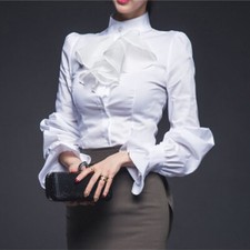 Lady Retro Ruffle Shirt Blouse OL Stand Collar Slim Fitted Victorian Elegant Top