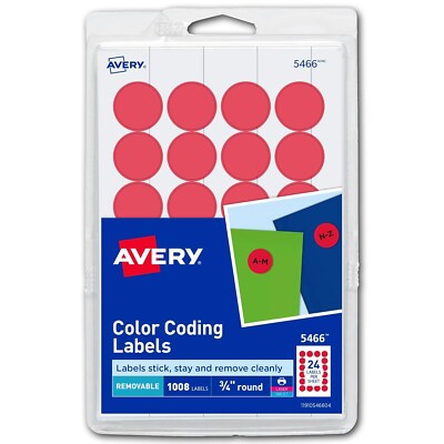 Avery 5466 Red Color Coding Labels, 3/4'' Round, Self-Adhesive, Pack of 1008
