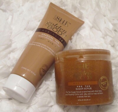 EO SHE GOLDEN BODY PRE TAN SUGAR SCRUB 20.28 OZ & GRADUAL TAN LOTION 7.10 FL OZ