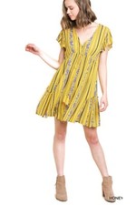 Umgee Womens V Neck Flutter Short Sleeve Bohemian Dress L5329 -- Honey NEW