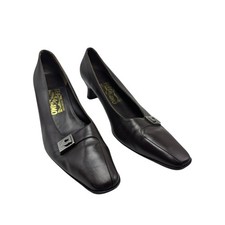 Salvatore Ferragamo Brown Leather Kitten Heel Pumps Gancini Buckle 10 AAA