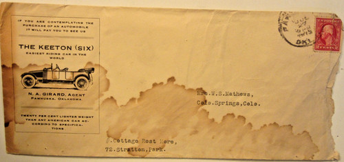 1912, 1913, or 1914 THE KEETON  automobile 4 1/4" x 9 1/2" mailing envelop. USED