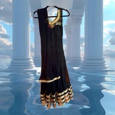 Indian  Bollywood Party Anarkali Black  Metallic Gold Trim W/ Matching Dupatta