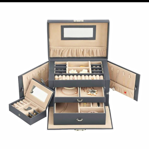Lockable Faux Leather Jewellery Box with Mirror, Grey 26x18x17cm Rings/Watch