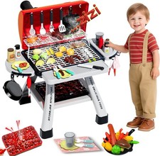 Kids BBQ Grill Playset, Play Kitchen Toys Grill with Smoke Sound Light Simulatio