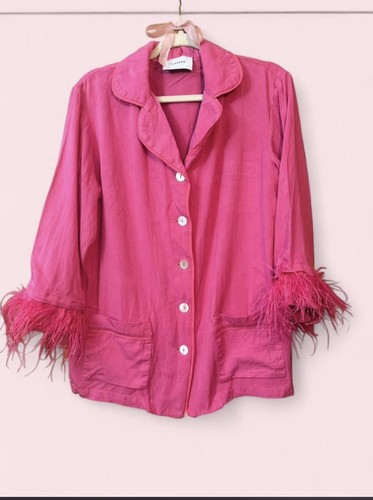Sleeper Pink Ostrich Feather Trim Button-Up Collared Twill Pajama Top Women