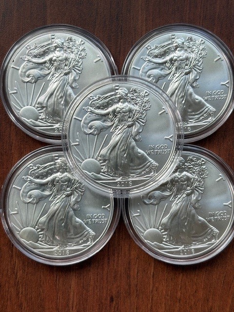 5x 2016 American Silver Eagle $1 Coins BU 1 oz .999 Silver ASE Lot w/ Capsules