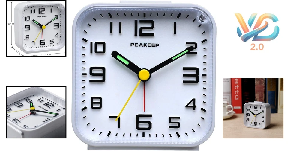 Reloj despertador analógico compacto sin tic-tock con números 3D para mañanas tranquilas Foto 2 de 4