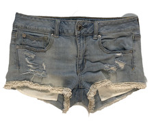 AEO Jean Shorts Shortie Size 6 Stretch Distressed Fringe Pom Poms