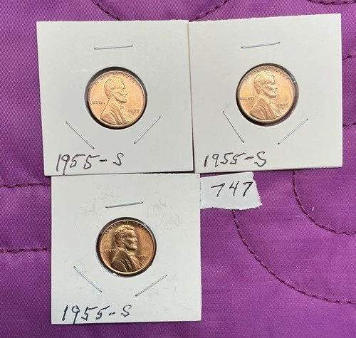 3 1955 S Lincoln Wheat Cent Gem Unc, LOT #747
