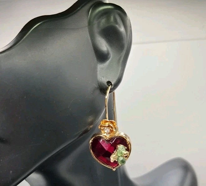 Betsey Johnson Stone Heart Drop Pierced Earrings Purple Red Faceted Stone Bees - Image 3 of 4