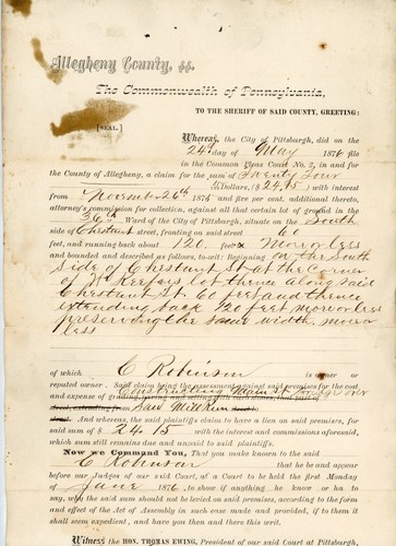 1876 Pittsburgh PA Property Lien Summons for Bridge Construction Allegheny Court