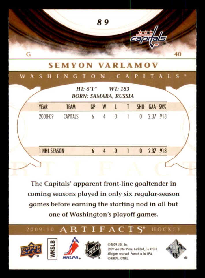 2009-10 Upper Deck Artifacts #89 Semyon Varlamov Washington Capitals - Image 2 of 2