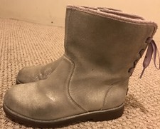 UGG Girl's Sz 3 Suede Glitter Silver Fur Lined Lace Up Zip Up Boots 1019319K