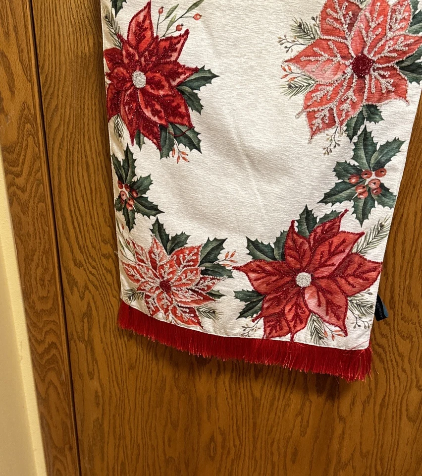 Cynthia Rowley Needlepoint Table Runner Poinsettia Holly Christmas 16"x72" New - Image 2 of 4