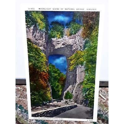 Virginia Moonlight Scene Natural Bridge 1930s Linen White Border Postcard