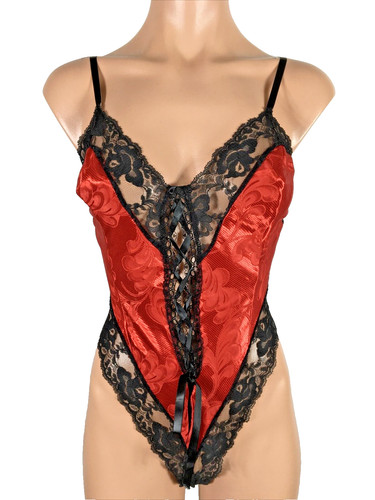 VTG Red Black Wet Look Satin Teddi High Cut Teddy Romper Bodysuit Lingerie 90s S