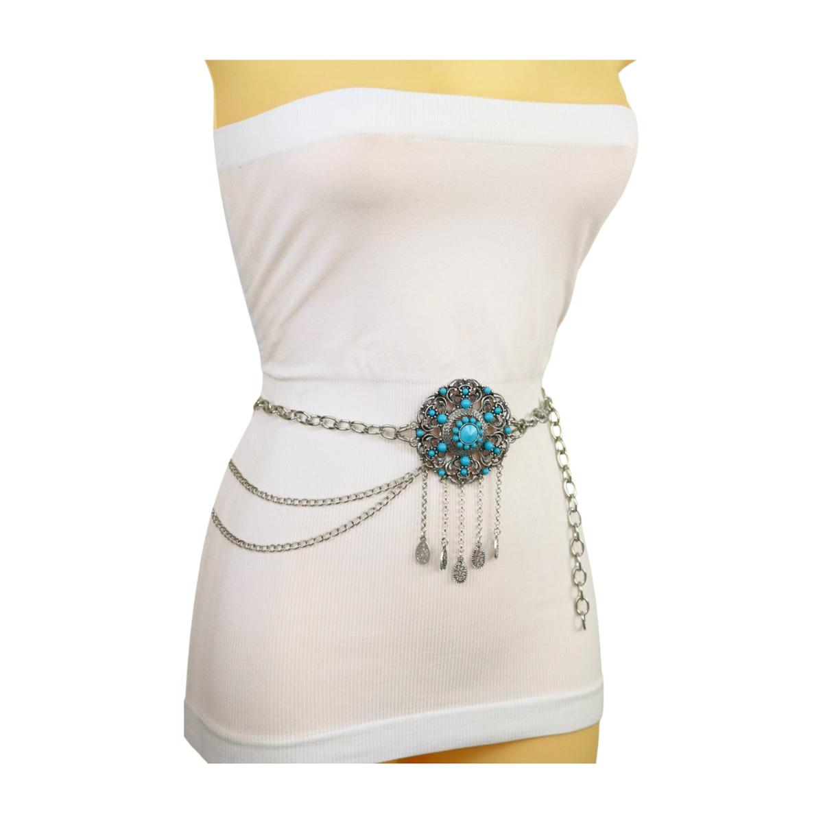 Women Silver Metal Chain Ethnic Look Belt Turquoise Beads  display picture 1