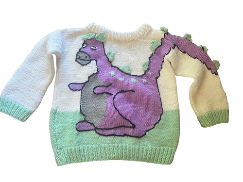 Vintage 90s Handknit Dinosaur Sweater - Specially Handmade by Grandma - 4T 5T - Picture 3 of 9