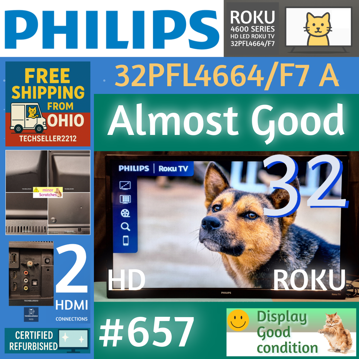 Philips 32-inch HD Smart Roku LED TV with Remote and Stand 32PFL4664/F7
