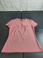 Style Co Womens Top M Red Striped Short Sleeve V Neck 1/4 Button Up 