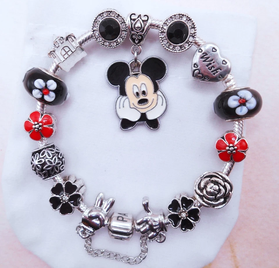 PULSERA DE PLATA ESTERLINA CON DIJE DE PANDORA Y NEGRO ROJO CIRCONITA MICKEY CASTLE DIJES DE DESEOS Foto 4 de 4