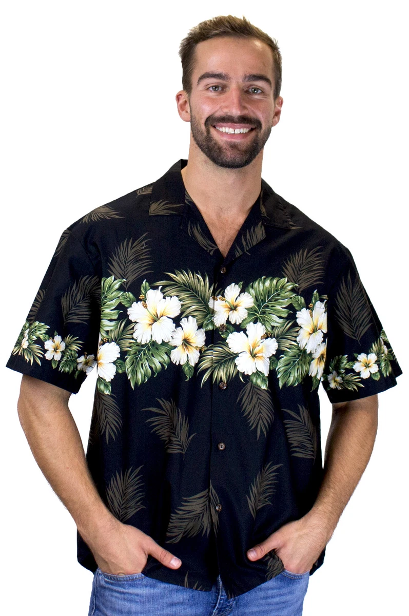 KY's Original Camisa Hawaiana Hibisco Amarillo Impresión en el Pecho Negro