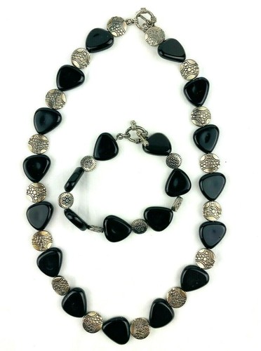 Black Stone Tile Necklace 18" Matching Bracelet 7.5"  Vintage Set  *Ea