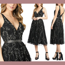 NWT $538 Mac Duggal [ 8 ] V Neck Beaded Cocktail Tea-Length Dress in Black #J44