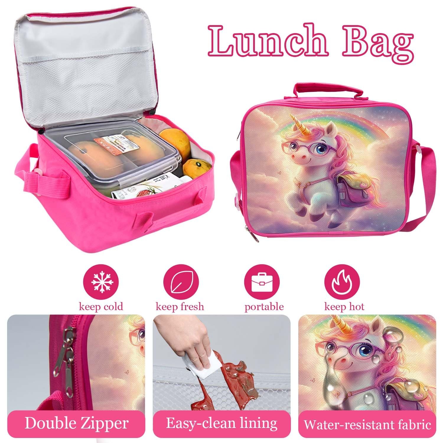 Cute Unicorn Pink Backpack 3PCS 16" Preschool Elementary Schoolbag with Lunch...