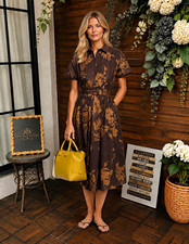 Carolina Herrera Women’s Brown Floral Belted Midi Shirt Dress Size 8