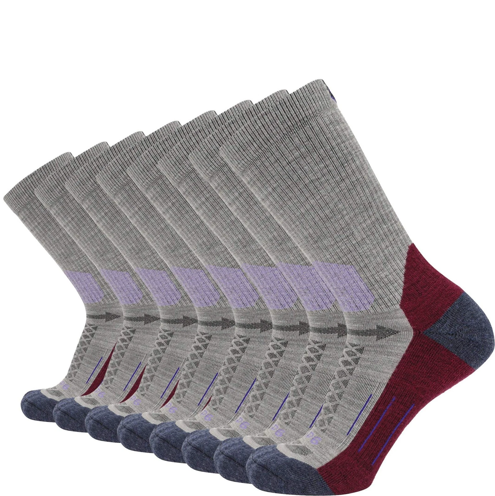 GRIP6 8 Pack Merino Wool Crew Hiking Socks Midweight Cushion Berry USA Made