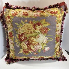 Vintage Aubusson Floral Petit Point French Down Pillow 20" Large W/ Fringe Silk