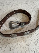 Vtg JUSTIN Leather Top Grain Western Belt Silver Square Concho 545BD Brwn Sz 32