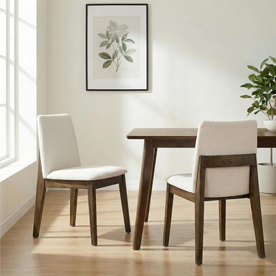 Beige Walnut Upholstered Dining Chairs Set of 2 with Ergonomic Backrest
