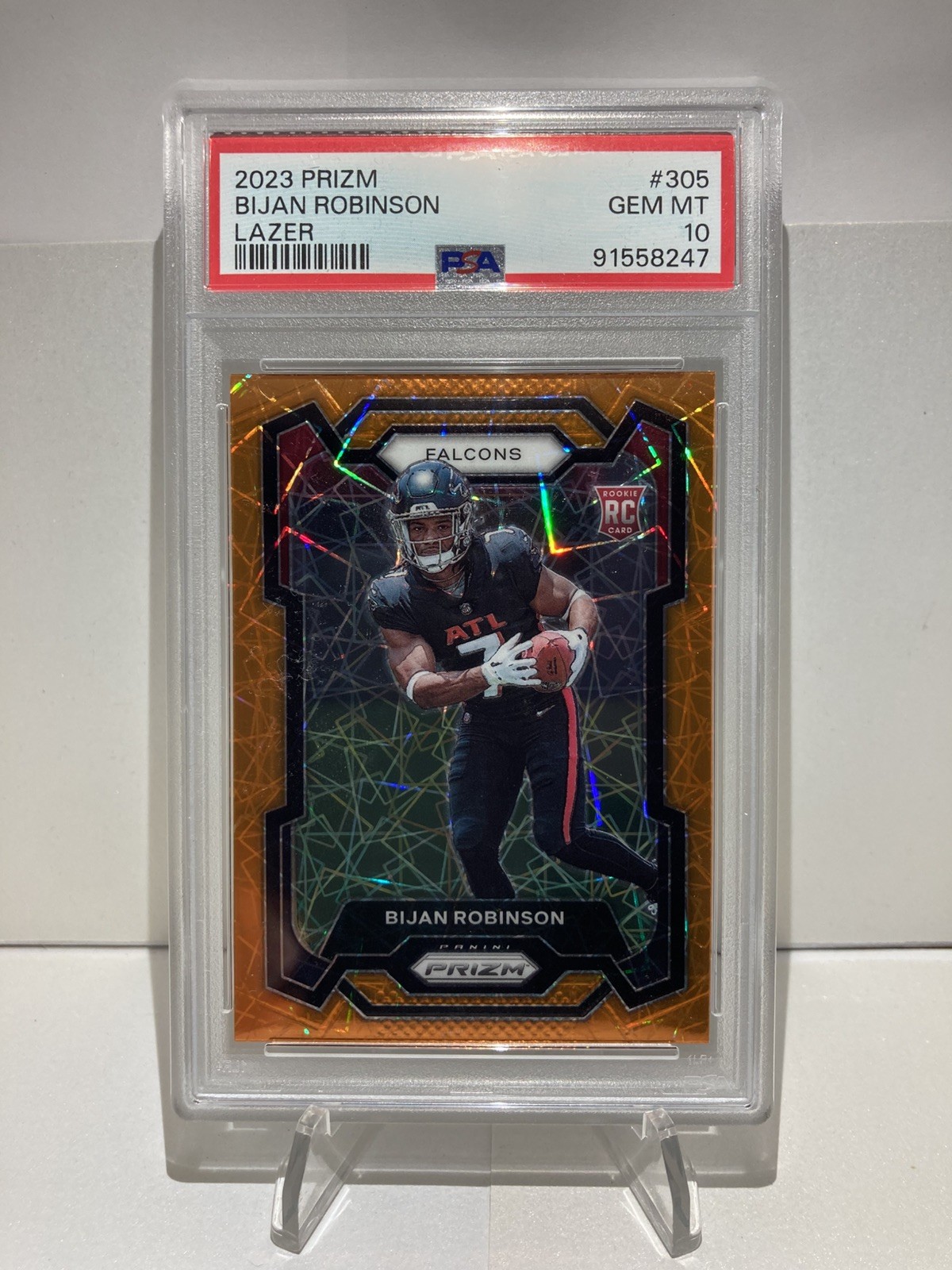 2023 Prizm Bijan Robinson RC Orange Lazer Atlanta Falcons Rookie #305 PSA 10 GEM