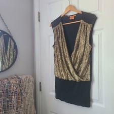 Tory Burch Sequin Sleeveless Drape Front Top Sz S Gold Black Party Clubwear Glam