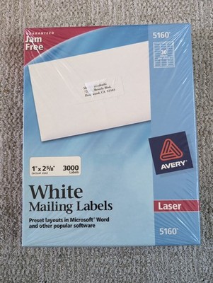 Avery 5160 Laser White Mailing Labels Pack Of 3000 Jam Free NEW