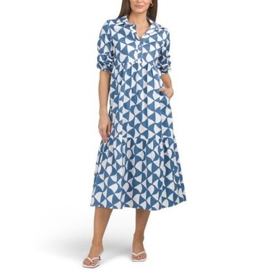 NEW Rachel Zoe Blue White Geometric Midi Dress Sz M Button Front Tiered Pockets