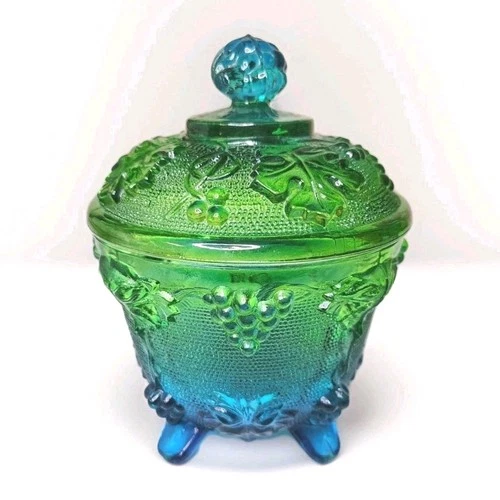 Jeanette Glass 3525 Footed Covered Candy Dish Blue Green Grapes & Leaves