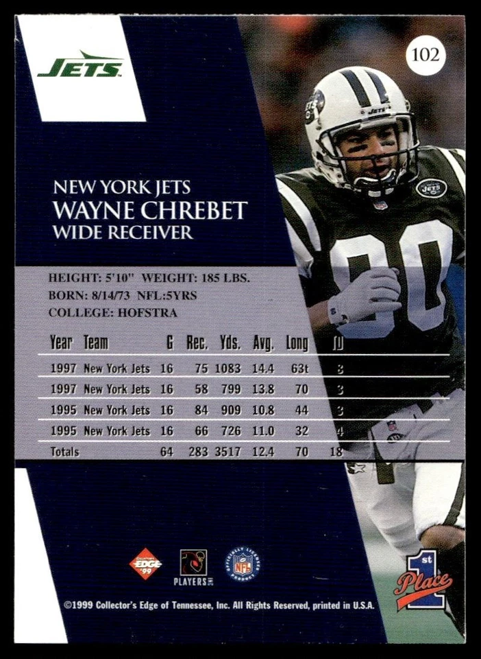 1999 Collector's Edge First Place Wayne Chrebet New York Jets #102 - Image 2 of 2