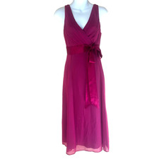 LK Bennett Magenta Pink 100% Silk Pleated Midi Dress Wedding Guest Party 12 14