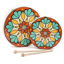  10 Inch & 8 Inch Hand Drum, Musical Percussion Instrument Colorful Wood Frame 