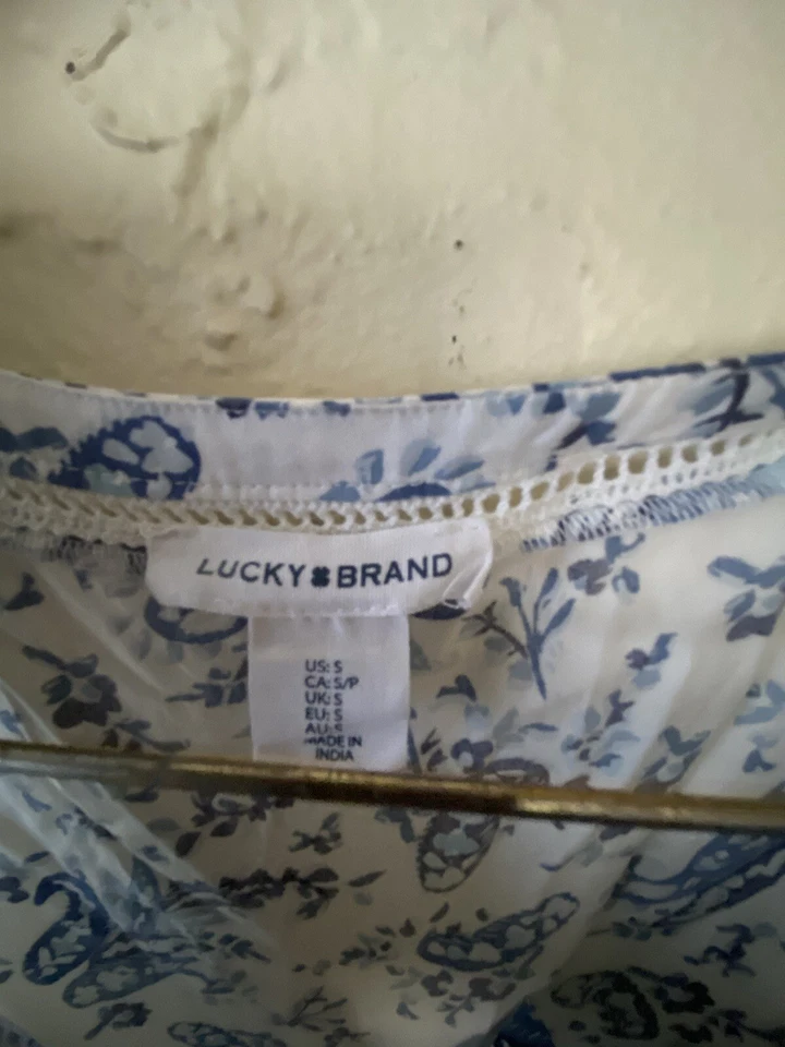 Vestido de cachemira floral blanco azul manga gorra acampanada talla M de LUCKY BRAND para mujer Foto 3 de 4
