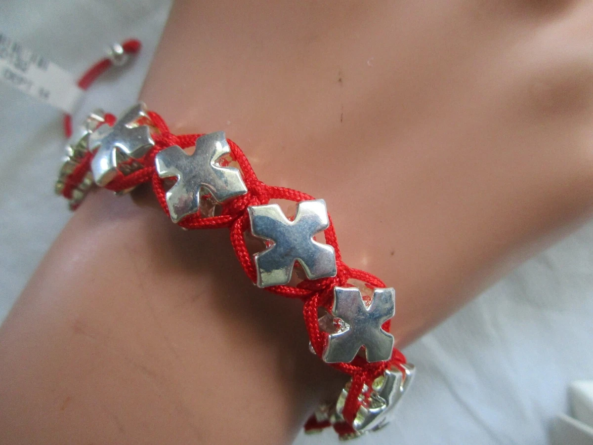 KING BABY RED MACRAME CROSS BRACELET SILVERTONE MEDAL 7 1 2 TO 8