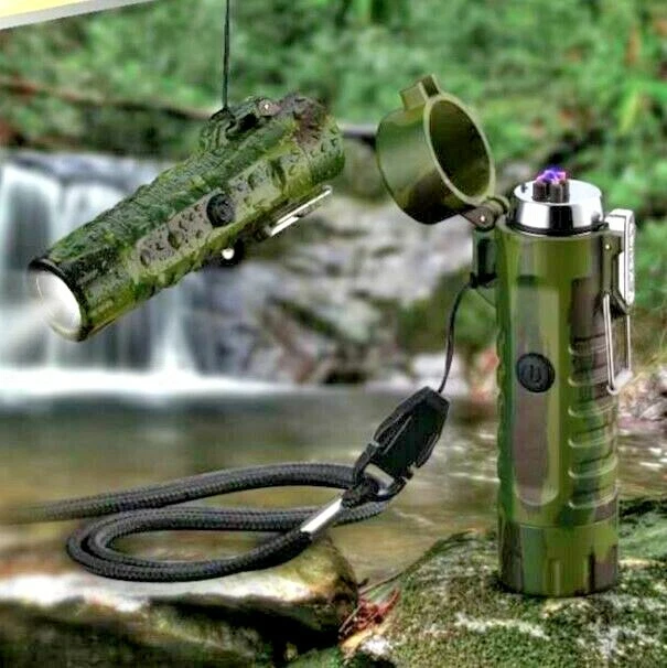 WINDPROOF WATERPROOF TORCH ELECTRIC CAMPING LIGHTER RECHARGEABLE DOUBLE ARC